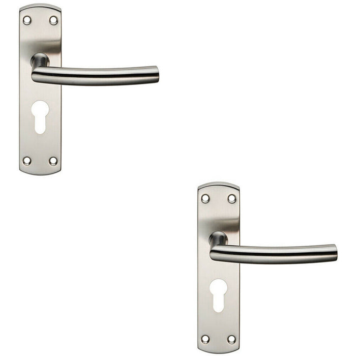 2x Curved Bar Lever Door Handle on Euro Lock Backplate 172 x 44mm Satin Steel Loops