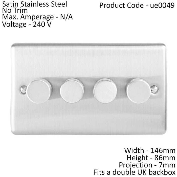 4 Gang 400W 2 Way Rotary Dimmer Switch SATIN STEEL Light Dimming Wall Plate Loops