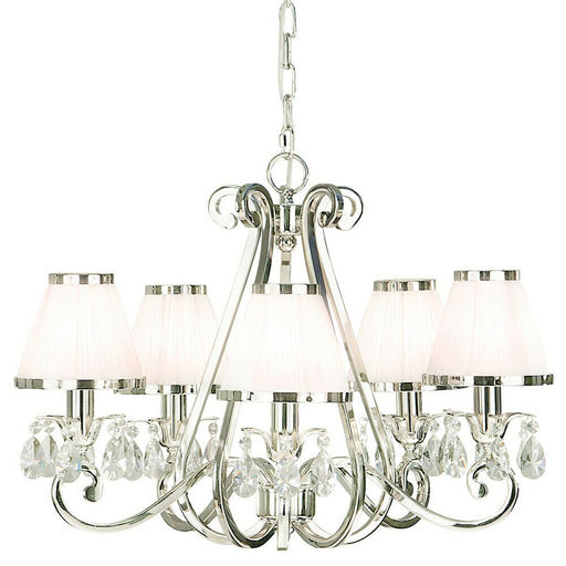 Esher Ceiling Pendant Chandelier Nickel Crystal & White Shades 5 Lamp Light Loops