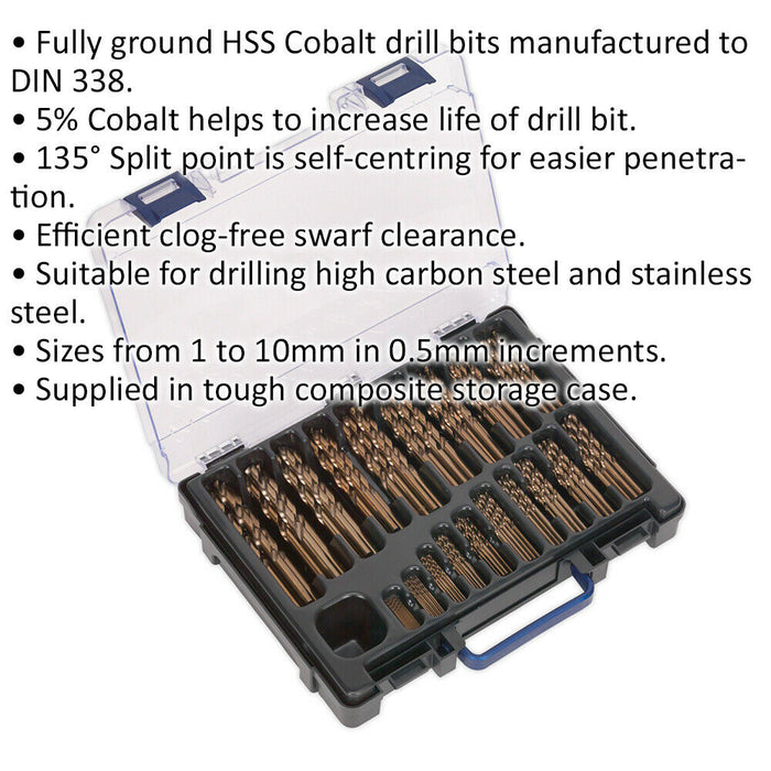 170 Piece Fully Ground HSS Cobalt Drill Bit Set- 1mm to 10mm - Split Point Tips Loops