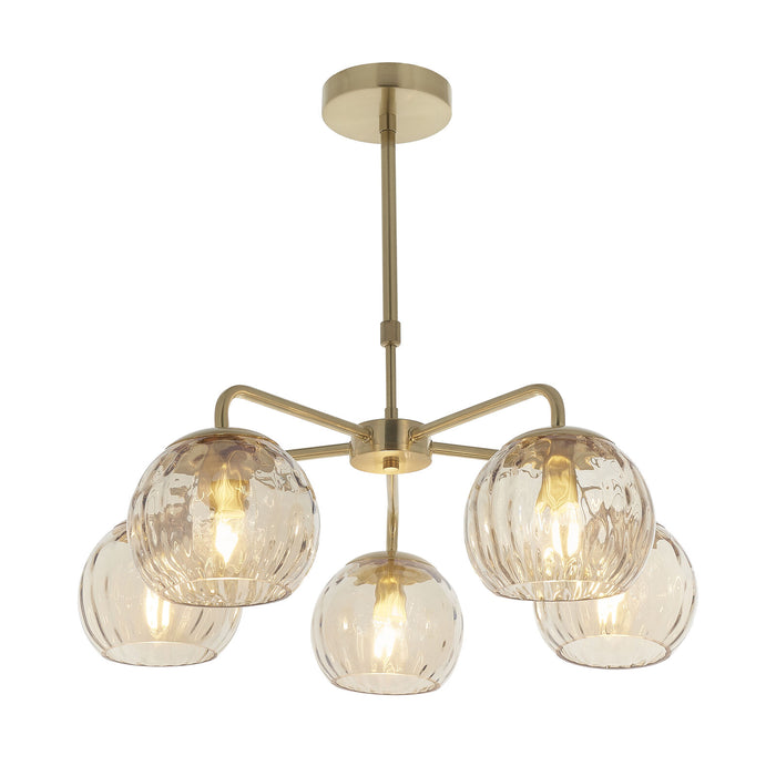 Ceiling Pendant Light - Satin Brass Plate & Champagne Lustre Glass - 5 x 25W E14 Loops