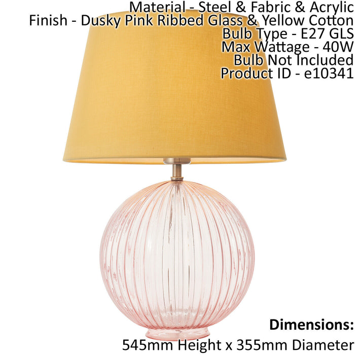 Table Lamp Dusky Pink Ribbed Glass & Yellow Cotton 40W E27 Bedside Light Loops