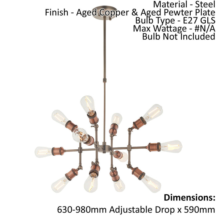 Ceiling Pendant Light - Aged Copper & Aged Pewter Plate - 12 x 40W E27 Loops