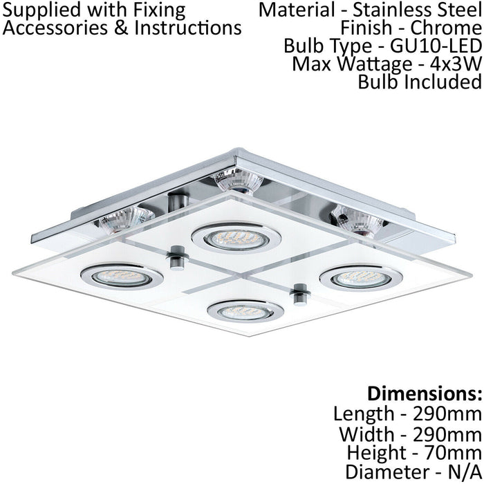 Flush Ceiling Light Colour Chrome Shade White Clear Satin Glass Bulb GU10 4x3W Loops