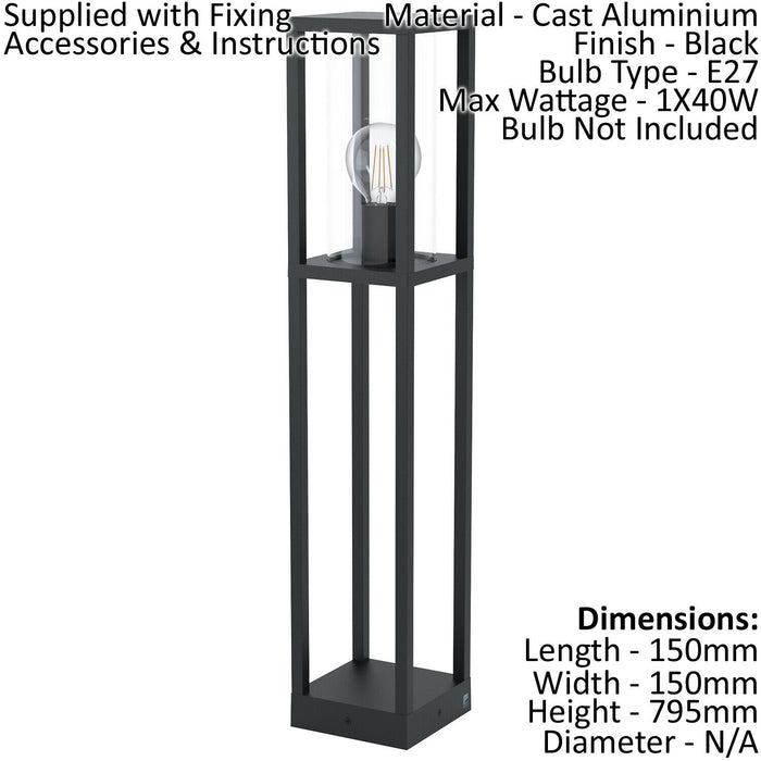 4 PACK IP44 Outdoor Bollard Light Black Cast Aluminium Box 40W E27 Tall Post Loops