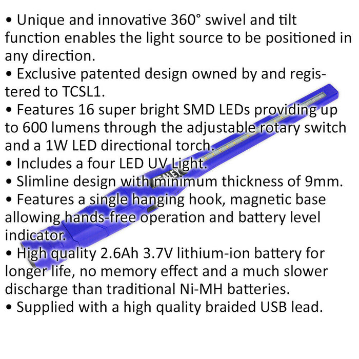 Slimline Swivel Inspection Light - 16 SMD & 1W LED - 4 LED UV Light - Blue Loops