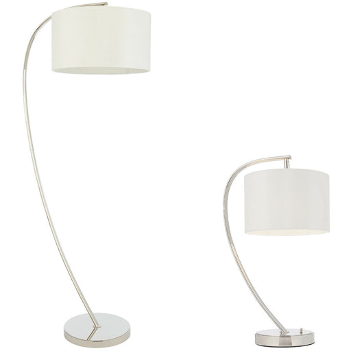 Standing Floor & Table Lamp Set Bright Nickel & White Shade Curved Stem Light Loops