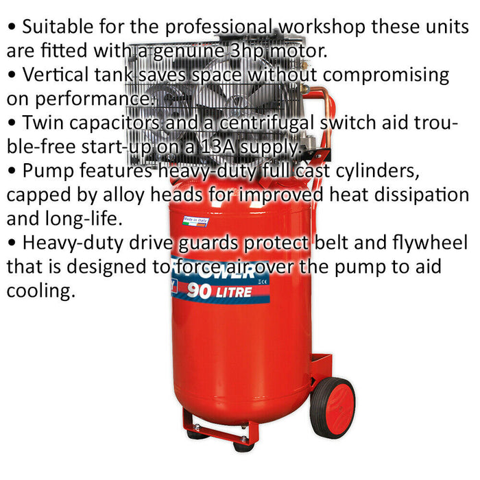 90 Litre Vertical Belt Drive Air Compressor - 3hp Motor - Quick Release Coupling Loops