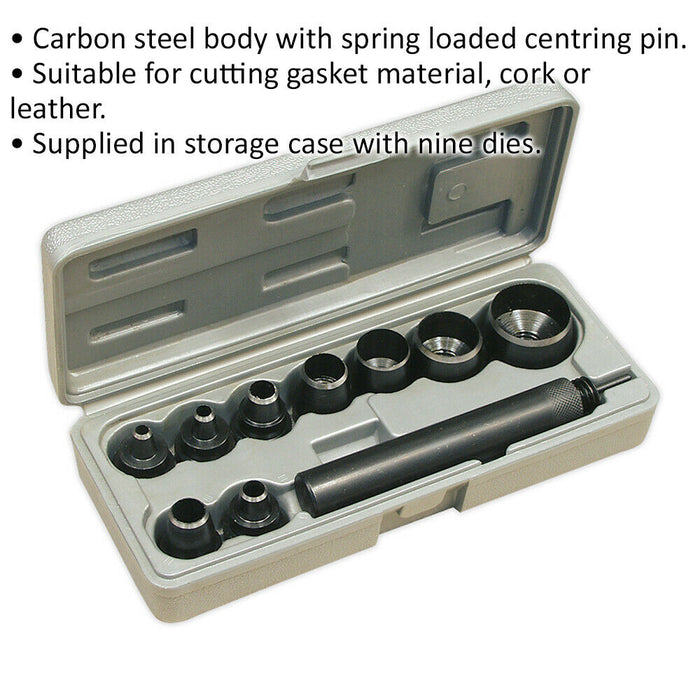 10 Piece Gasket Punch Set - Spring Loaded Centring Pin - Carbon Steel Body Loops