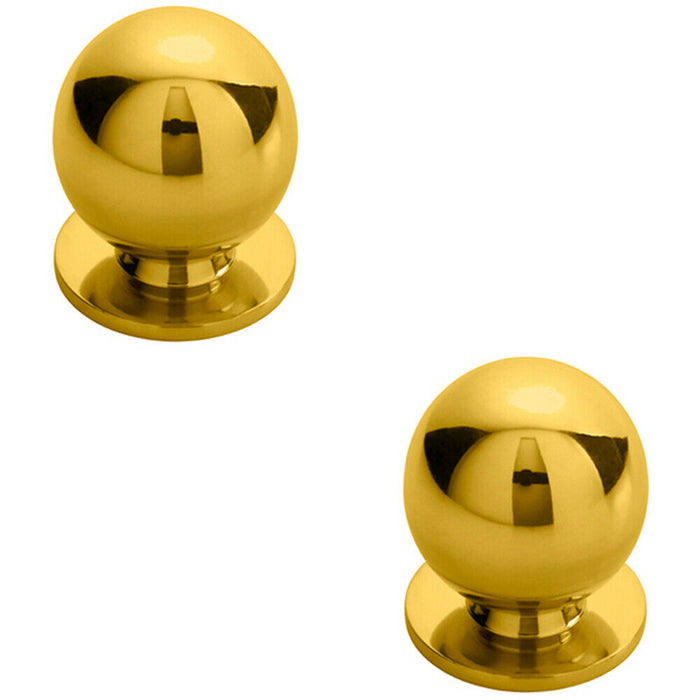 2x Solid Ball Cupboard Door Knob 30mm Diameter Polished Brass Cabinet Handle Loops