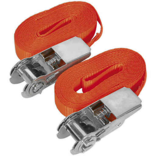 PAIR 25mm x 4.5m 800KG Self Securing Ratchet Tie Down Strap Set - Polyester Web Loops