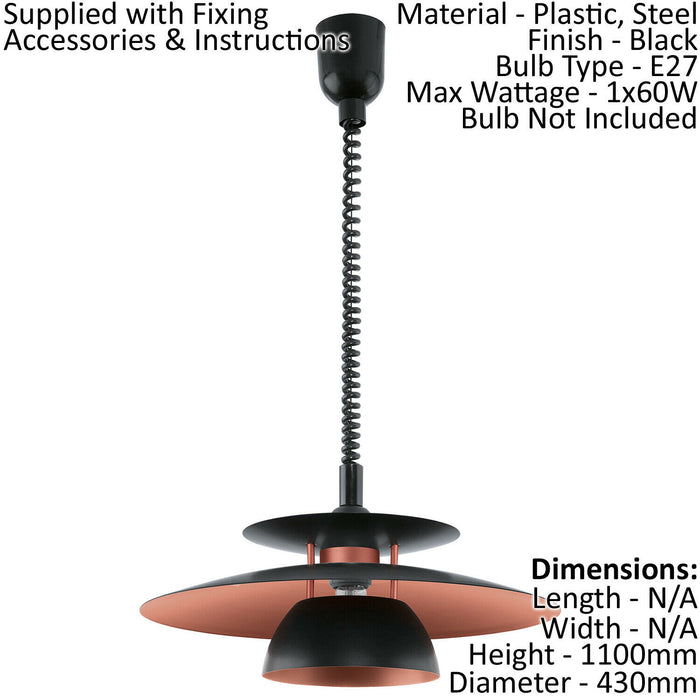Pendant Light Height Adjustable Colour Black Shade Black Copper Bulb E27 1x60W Loops