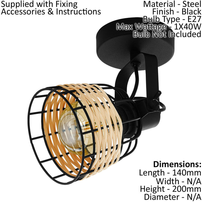 Ceiling Spot Light & 2x Matching Wall Lights Black & Wicker Adjustable Shade Loops
