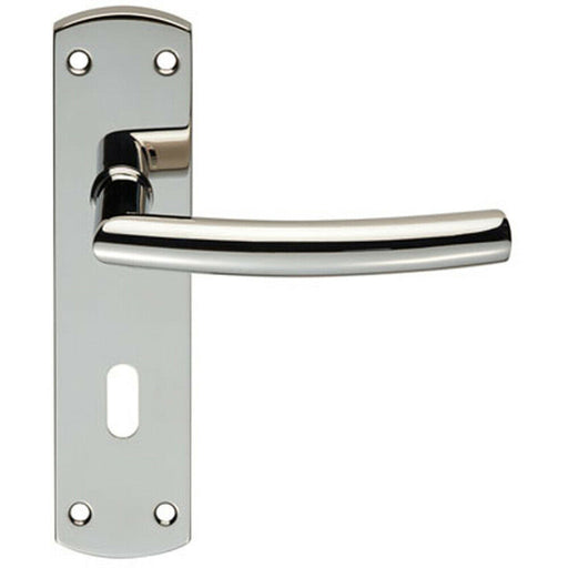 Curved Bar Lever Door Handle on Lock Backplate 172 x 44mm Polished Steel Loops