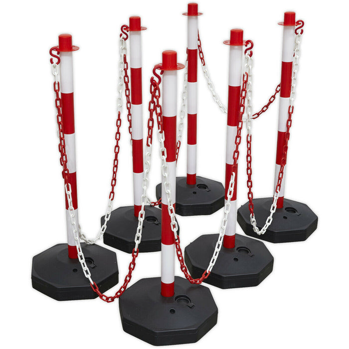 25m Post & Chain Kit - High Vis Red & White - 6 x Posts - Safety Barrier Loops