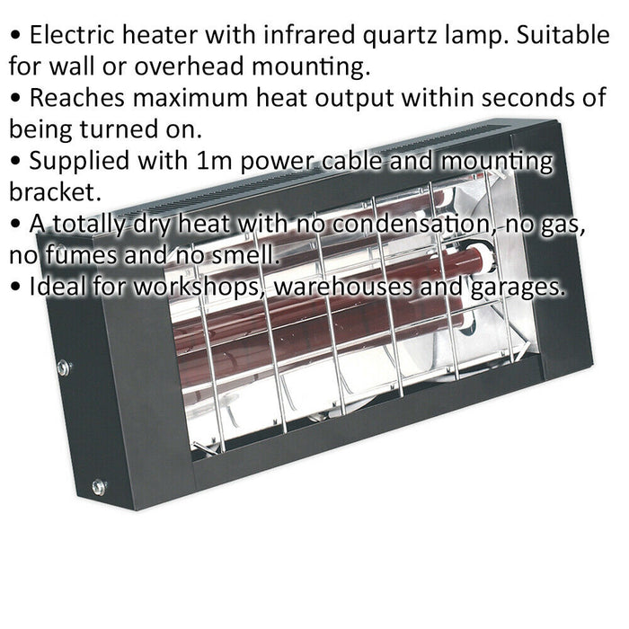 1500W Infrared Quartz Electric Heater - Wall Mounted - 1m Power Cable - 230V Loops