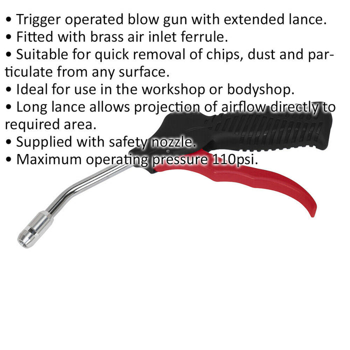 100mm Air Blow Gun - 1/4" BSP Air Inlet - Safety Nozzle - Extended Lance Loops