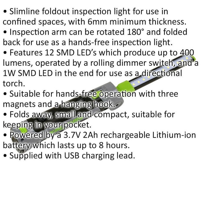 Slimline Inspection Light - 12 SMD + 1W SMD LED - Rechargeable - 400 + 70 Lumens Loops
