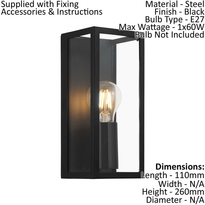 2 PACK Wall Light Colour Black Shade Clear Glass Metal Box Frame Bulb E27 1x60W Loops