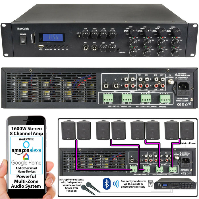 1600W Bluetooth Sound System 16x 200W Black Wall Speaker Zone