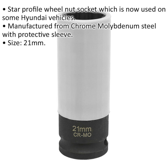 21mm Alloy Wheel Star Profile Impact Socket - 1/2" Sq Drive - For Hyundai Loops