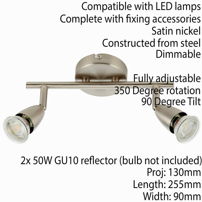 Adjustable Ceiling Spotlight Satin Nickel 2 Light Bar Downlight Modern Lamp Loops