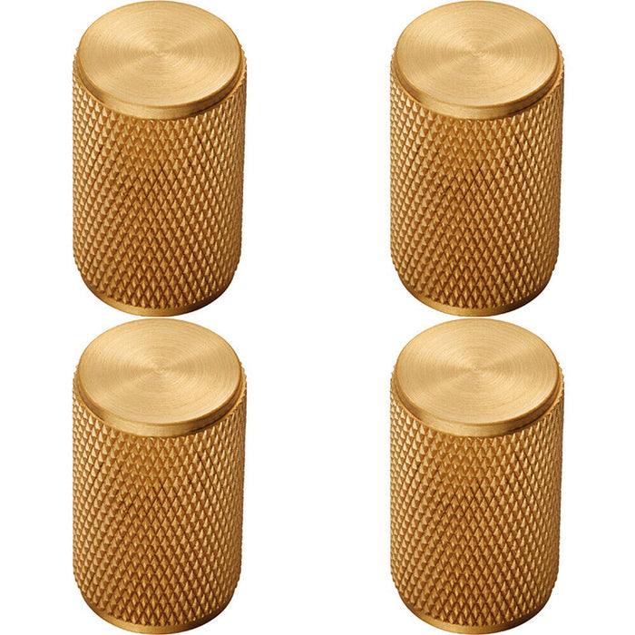 4x Knurled Cylindrical Cupboard Door Knob 18mm Dia Satin Brass Cabinet Handle Loops