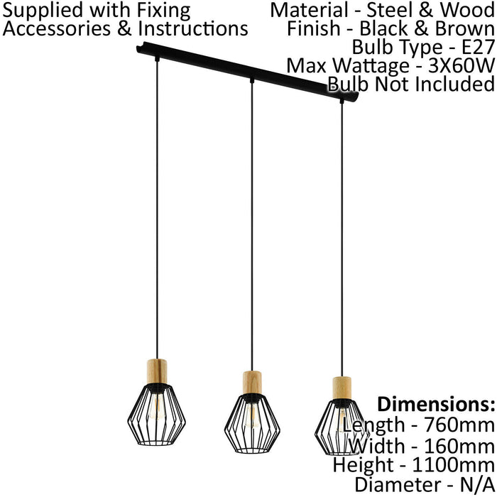 Hanging Ceiling Pendant Light Black Cage & Wood 3x E27 Bulb Kitchen Feature Loops