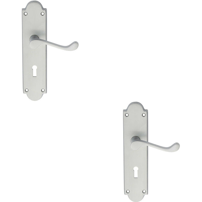 2x PAIR Victorian Scroll Handle on Lock Backplate 205 x 49mm Satin Chrome Loops