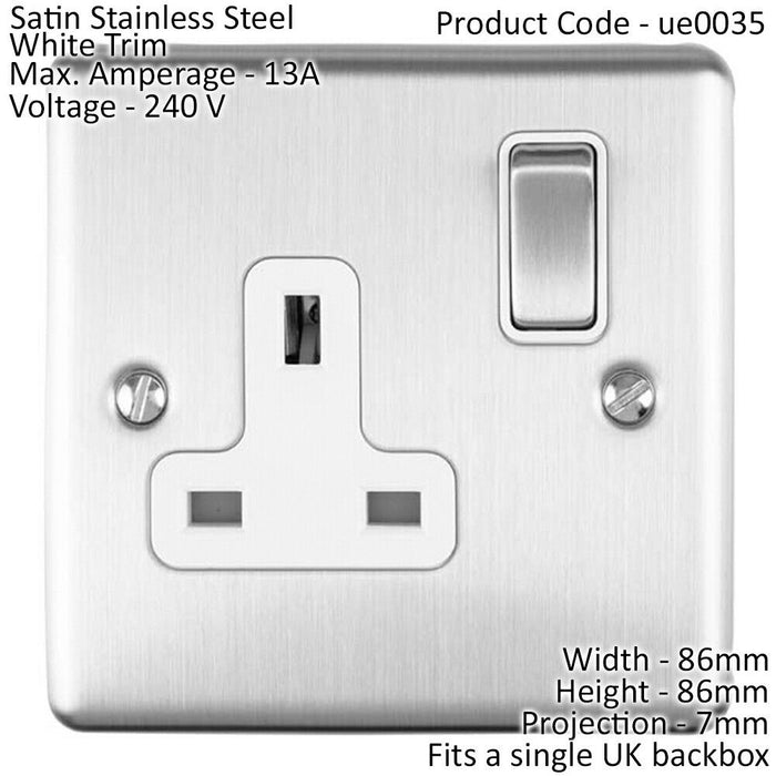 1 Gang Single UK Plug Socket SATIN STEEL 13A Switched White Trim Power Outlet Loops