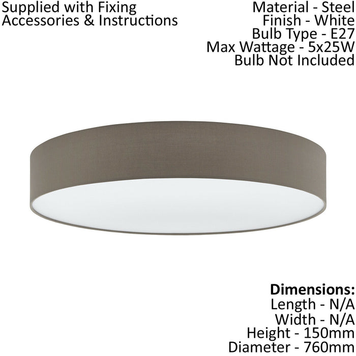 Flush Ceiling Light Colour White Shade Taupe White Fabric Bulb E27 5x25W Loops