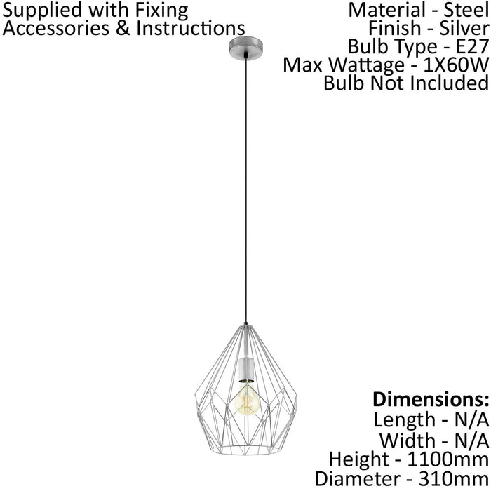 Hanging Ceiling Pendant Light Silver Wire Cage 1x 60W E27 Hallway Feature Lamp Loops