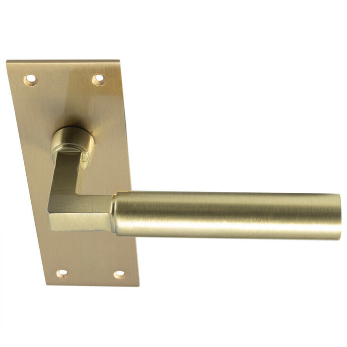 Door Handle & Latch Pack Satin Brass Straight Round Bar Lever Slim Backplate Loops