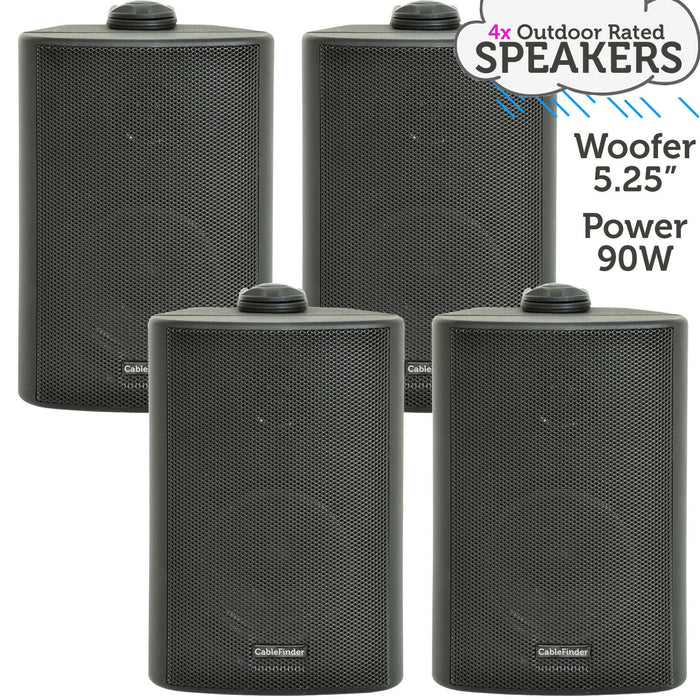 4x 5.25" 90W Black Outdoor Rated Garden Wall Speakers Wall Mounted 8Ohm & 100V