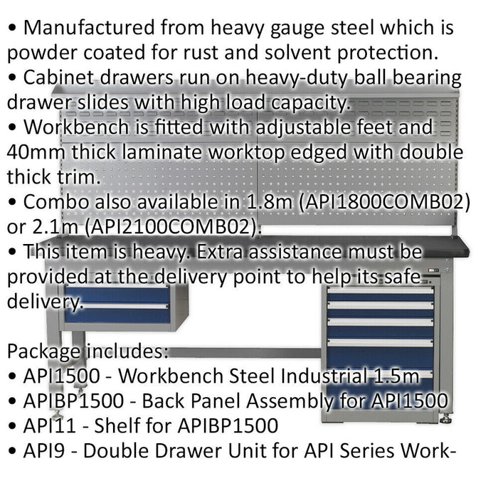 1.5m Complete Industrial Workstation & Cabinet Set - Back Panel Drawers Storage Loops