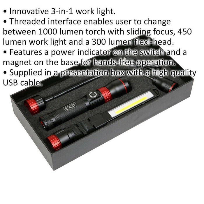 Interchangeable 3-in-1 COB LED Inspection Light - Rechargeable - Work Light Loops
