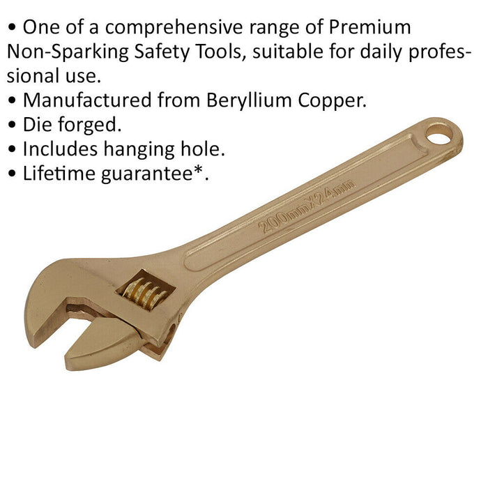 200mm Non-Sparking Adjustable Wrench - 24m Jaw Capacity - Beryllium Copper Loops