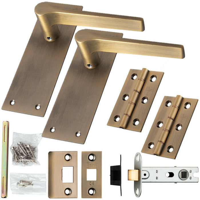 Door Handle & Latch Pack Antique Brass Straight Flat Lever Slim Backplate Loops