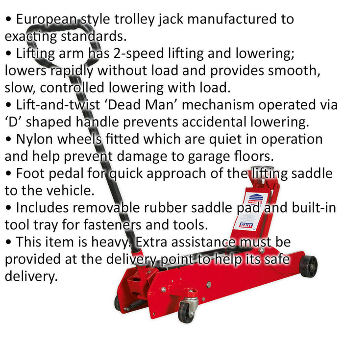 European Style Trolley Jack - 5 Tonne Capacity - 583mm Max Height - Foot Pedal Loops