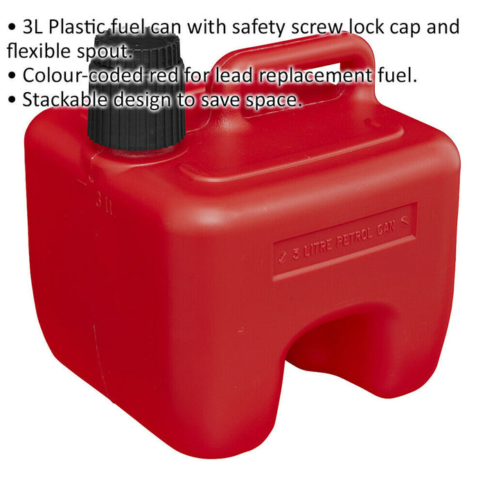 3L Stackable Plastic Fuel Can - Safety Screw Lock Cap - Flexible Spout - Red Loops