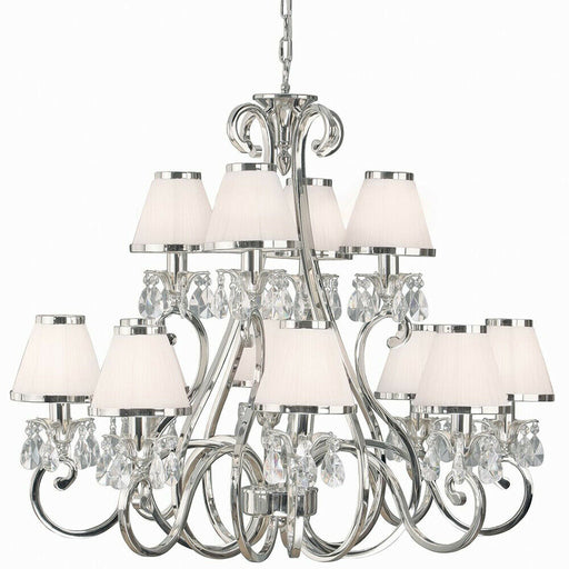 Esher Ceiling Pendant Chandelier Nickel Crystal & White Shades 12 Lamp Light Loops