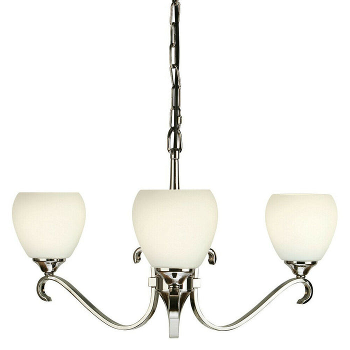 Luxury Hanging Ceiling Pendant Light Bright Nickel Opal Glass 3 Lamp Chandelier Loops