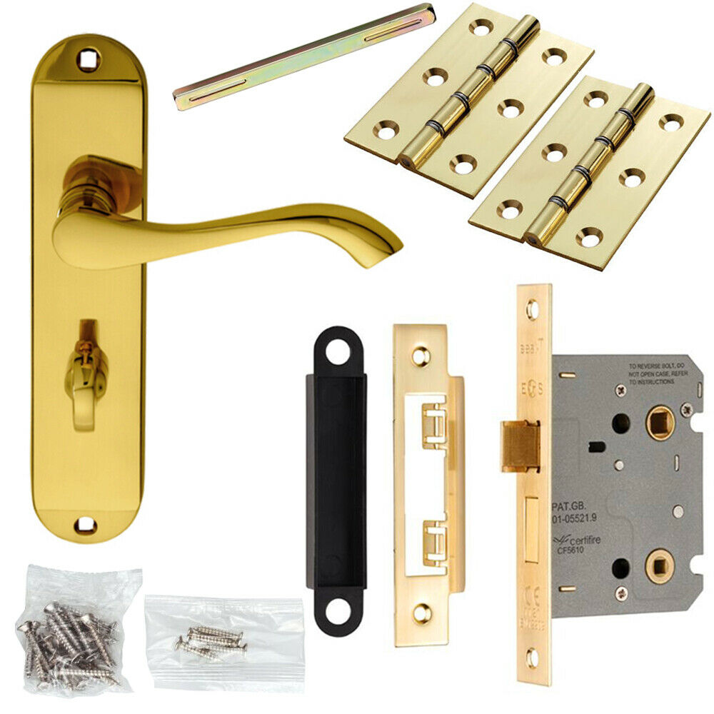 Door Handle & Bathroom Lock Pack Brass Modern Scroll Thumbturn Slim Backplate Loops