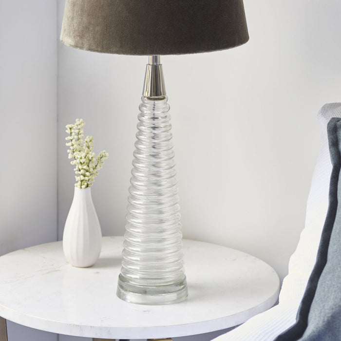 Table Lamp - Clear Ribbed Glass, Bright Nickel Plate & Mocha Velvet - 40W E27 Loops