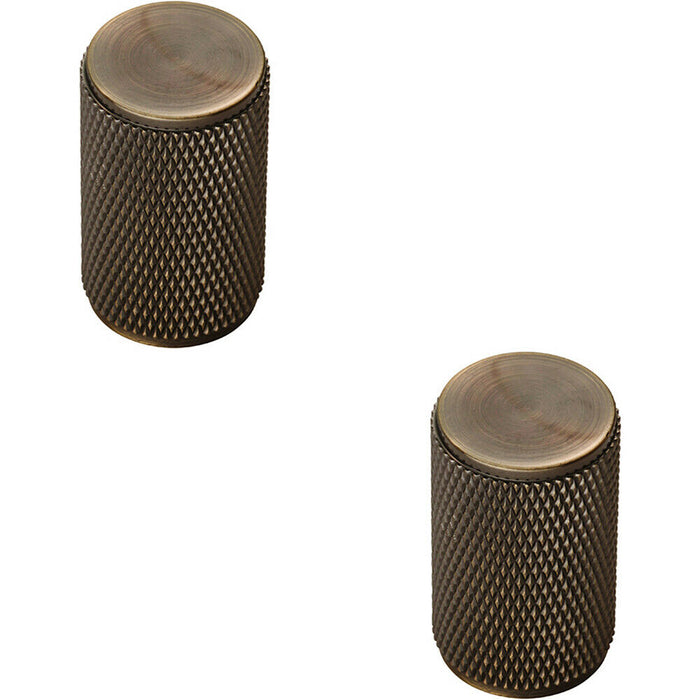2x Knurled Cylindrical Cupboard Door Knob 18mm Dia Antique Brass Cabinet Handle Loops