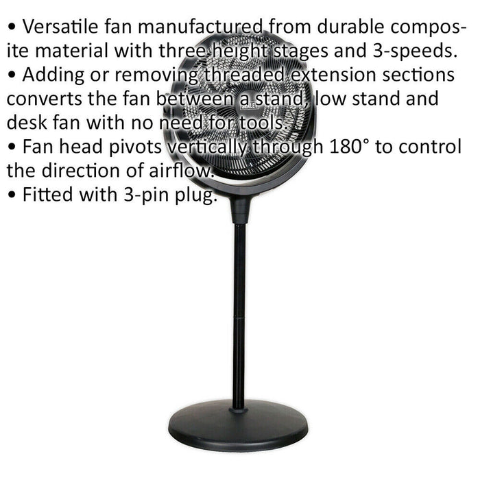 16" Desk & Pedestal Fan - 3 Speed Settings - Adjustable Height - 3-Pin UK Plug Loops