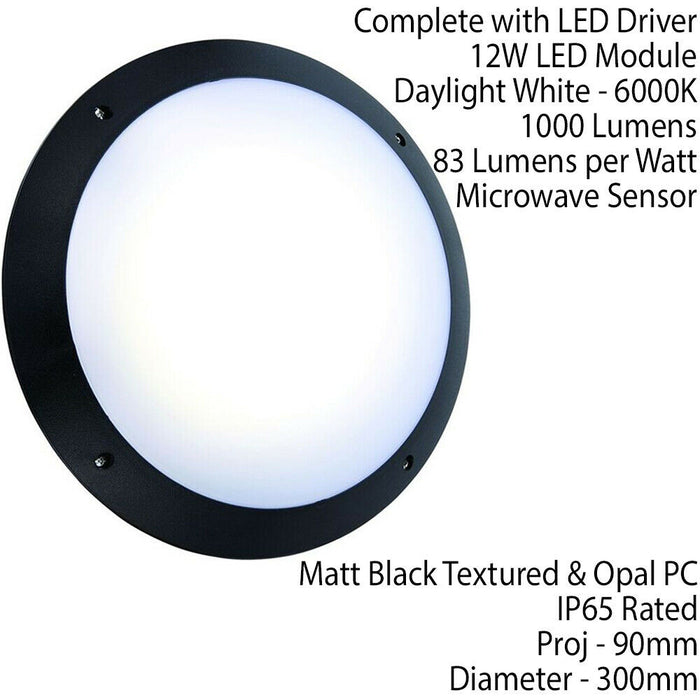 IP65 Outdoor Bulkhead Lamp & Microwave Sensor Matt Black Plain 12W Daylight LED Loops