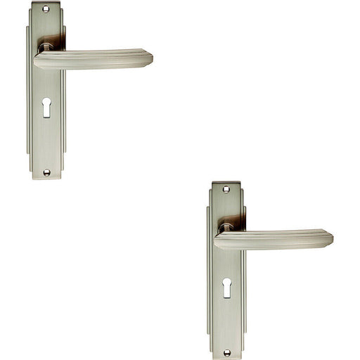 2x PAIR Line Detailed Handle on Lock Backplate 205 x 45mm Satin Nickel Loops