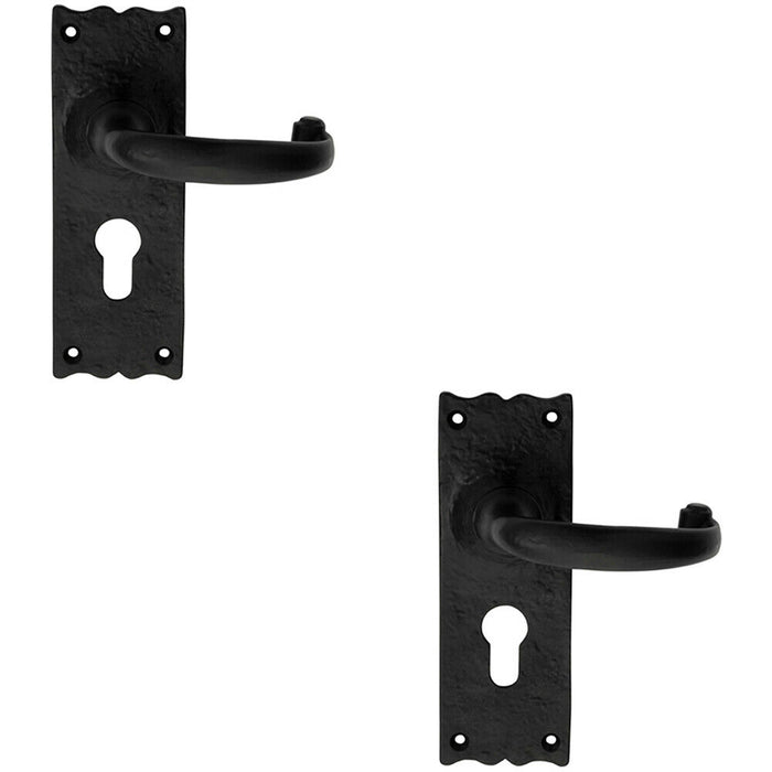 2x PAIR Forged Curved Handle on Euro Lock Backplate 155 x 54mm Black Antique Loops