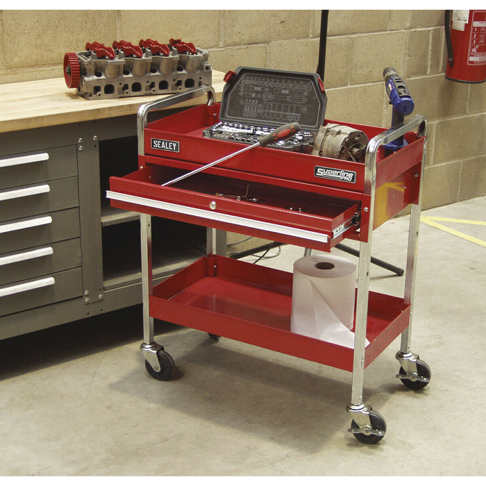 Heavy Duty 2 Level Workshop Trolley - Lockable Drawer - 80kg Per Shelf - Red Loops